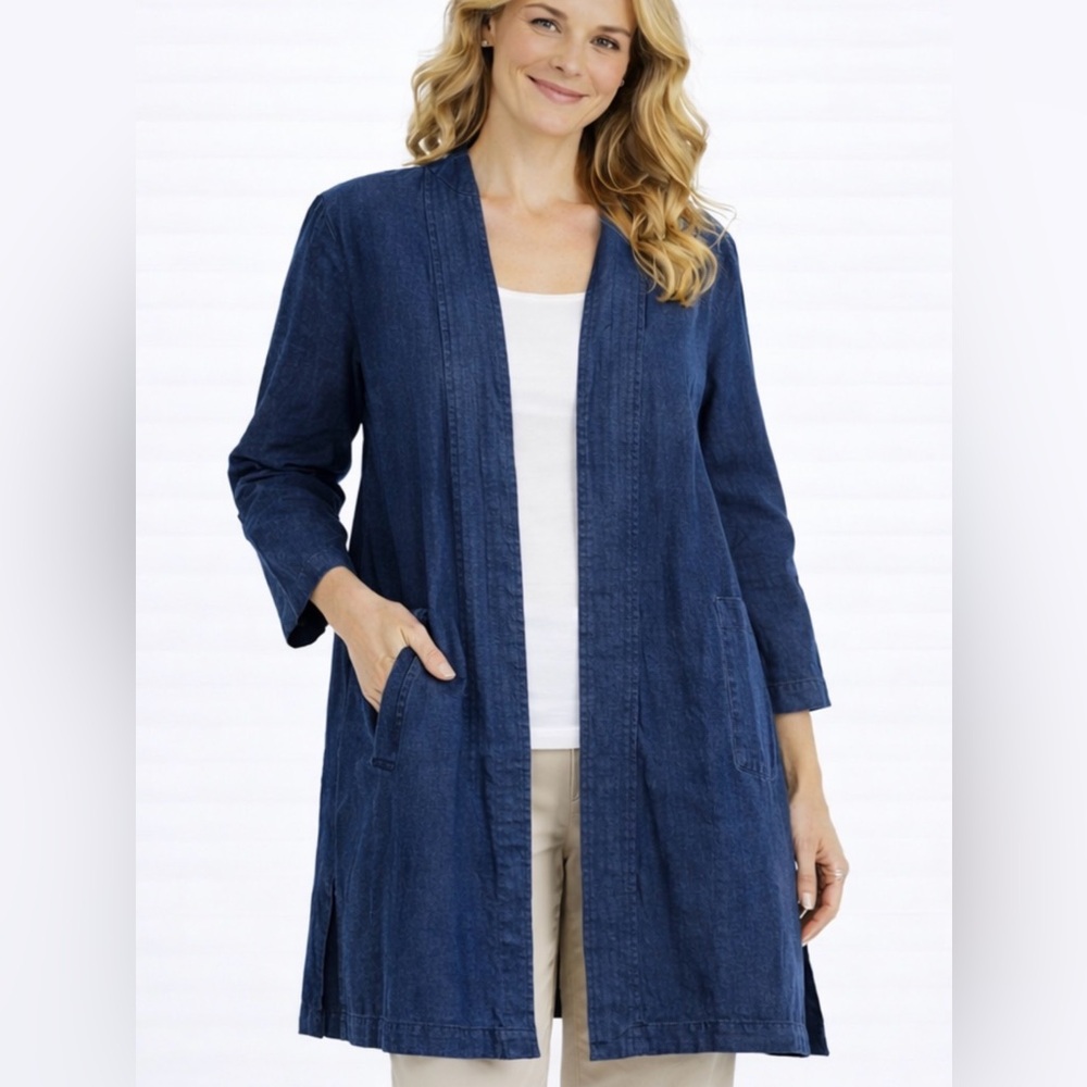 $168 Women’s Eileen Fisher Indigo Blue Kimono Cotton Mini Eyelet Jacket XL NWT